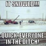 It snowed!!! Quick, everyone in the ditch! | Snow quotes funny, Winter  humor, Weather memes